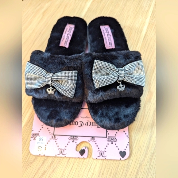 BNWT Juicy Couture Womens (Small 5/6) Furry Slide-In Slippers With Bow And Crown - Picture 2 of 13